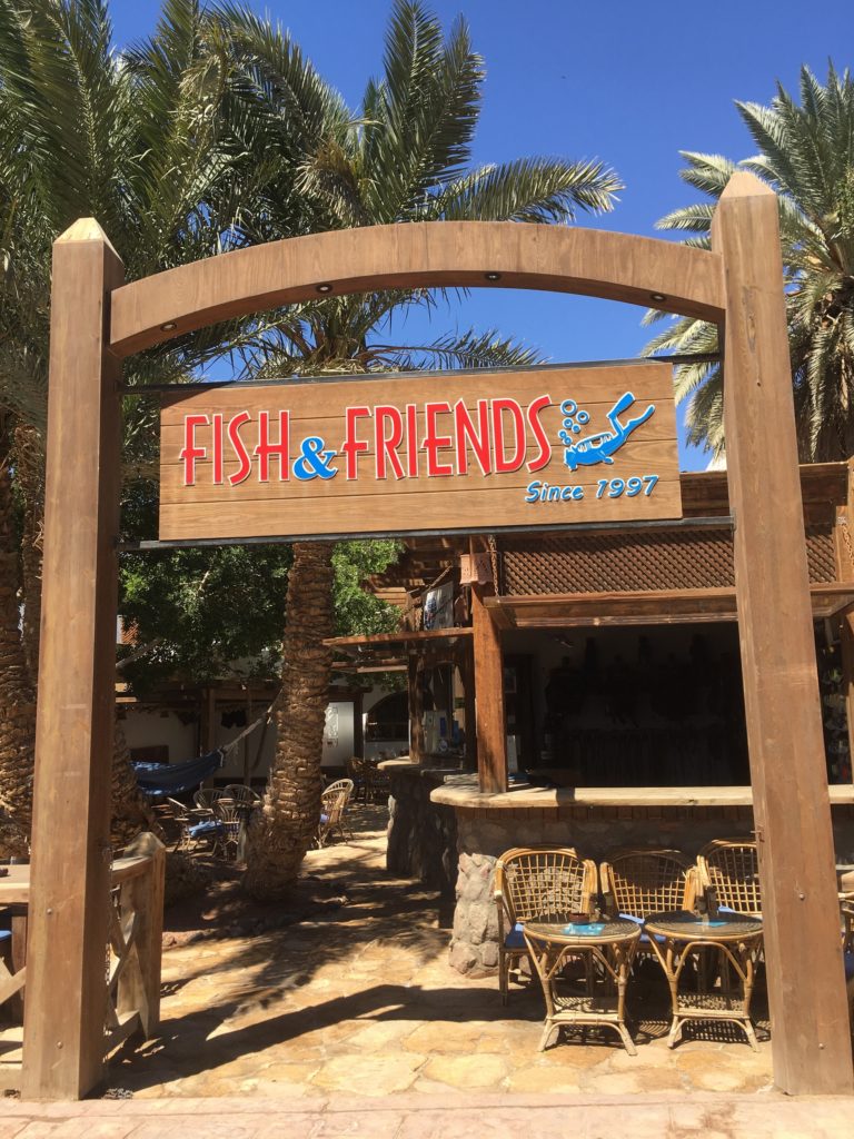 Entrance of the Fish & Friends dive center in Dahab, with its wooden sign since 1997
