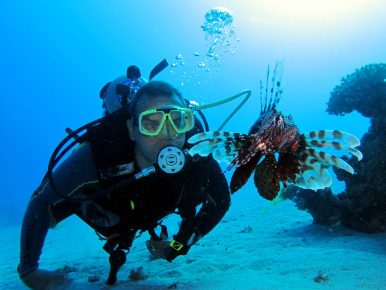 Diver next to a lionfish on the reef